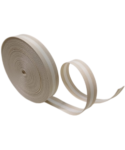 Rolo de fita listras, bege e branco para a produção de alças de bolsa feitas em poliéster